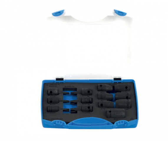 Trusa capete chei tubulare de impact 1/2 cu profil TX interior si exterior in cutie de plastic