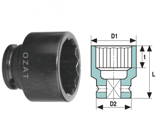 Cap cheie tubulara de impact 1" 12 laturi, scurt, dimensiune 1 13/16"