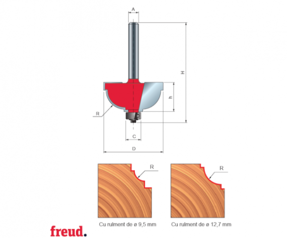 Freza cu coada, profilata convex 1/2C cu tesire, placata CMS, cu rulment copier inferior, dimensiune 31.8