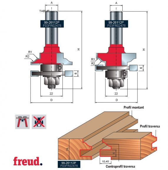 Freza profil contraprofil sinusoidal, placata CMS Z2, cu coada si rulment copier inferior